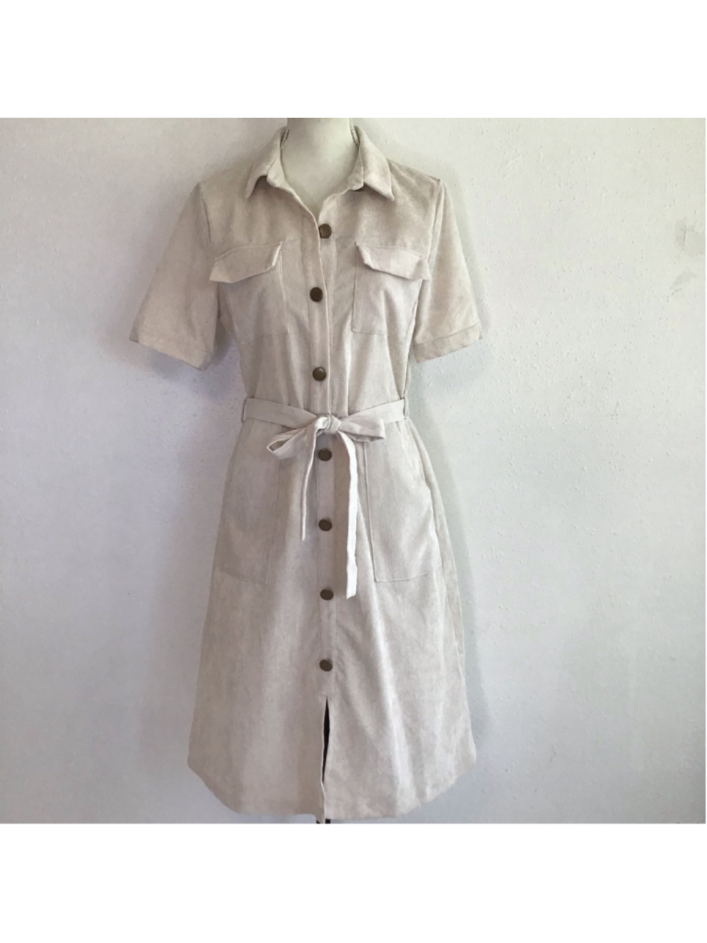 Monteau Los Angeles Women Career Beige Corduroy Button-Front Shirt Dress L